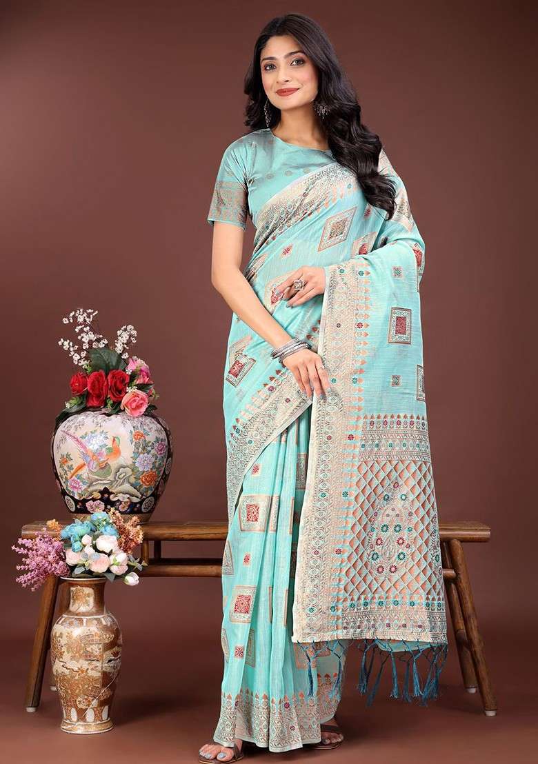 Turquoise Blue Embroidered Blended Saree Set - Indya