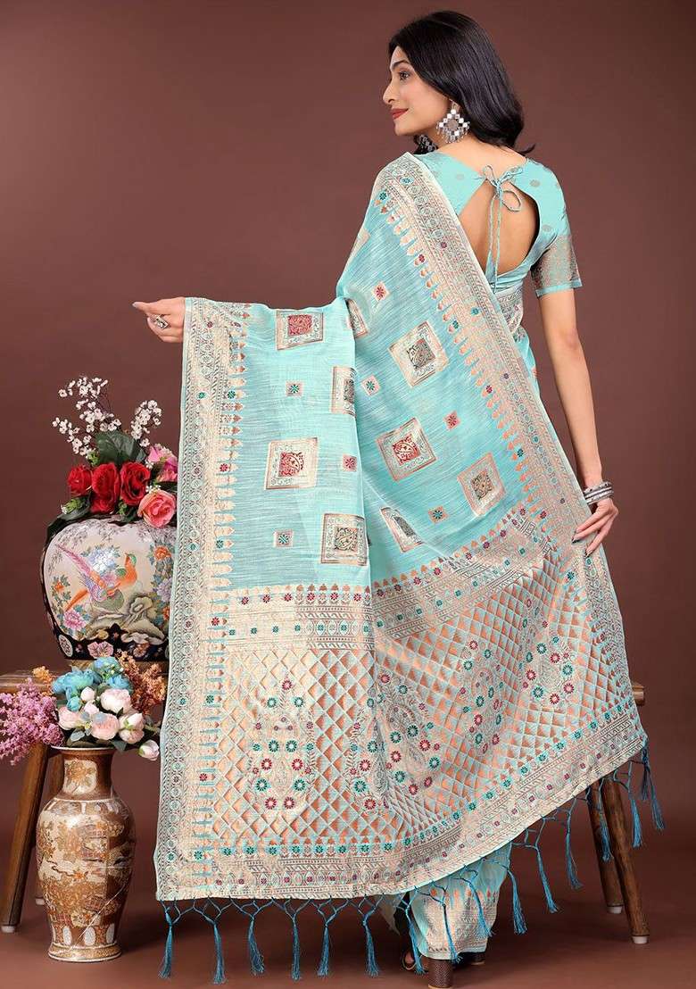 Turquoise Blue Embroidered Blended Saree Set - Indya