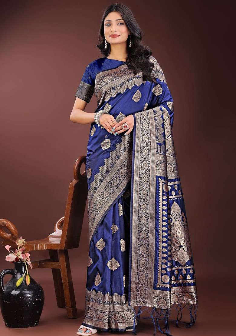 Navy Blue Embroidered Blended Saree Set for Diwali and Festive Wear - Indya