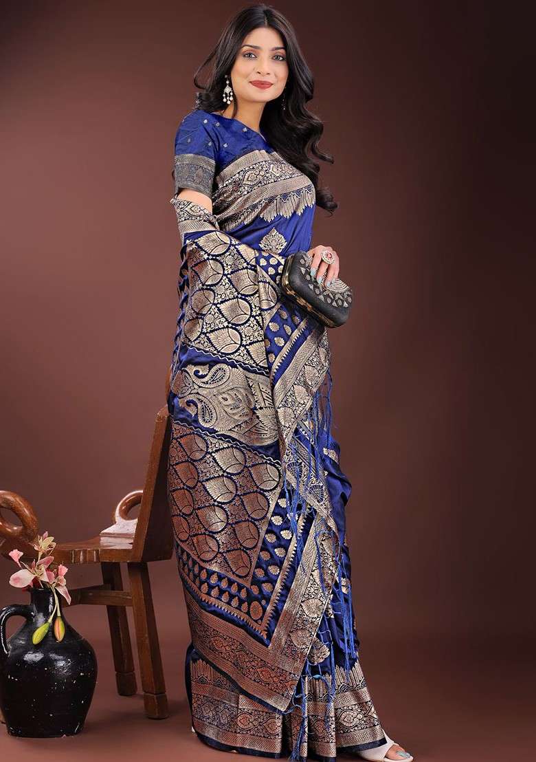 Navy Blue Embroidered Blended Saree Set for Diwali and Festive Wear - Indya