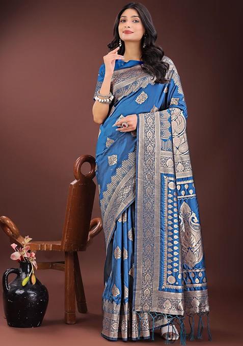 Blue Embroidered Blended Saree Set
