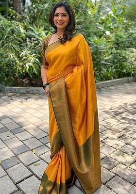 Yellow Embroidered Blended Saree Set