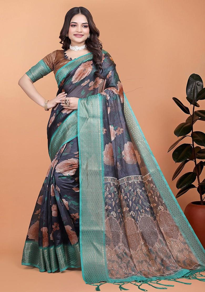 Blue Printed Blended Saree Set