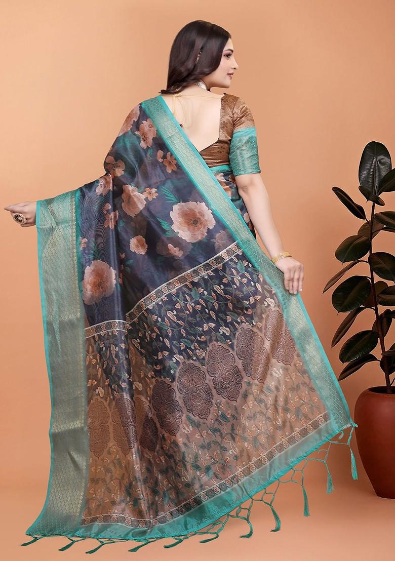Blue Printed Blended Saree Set