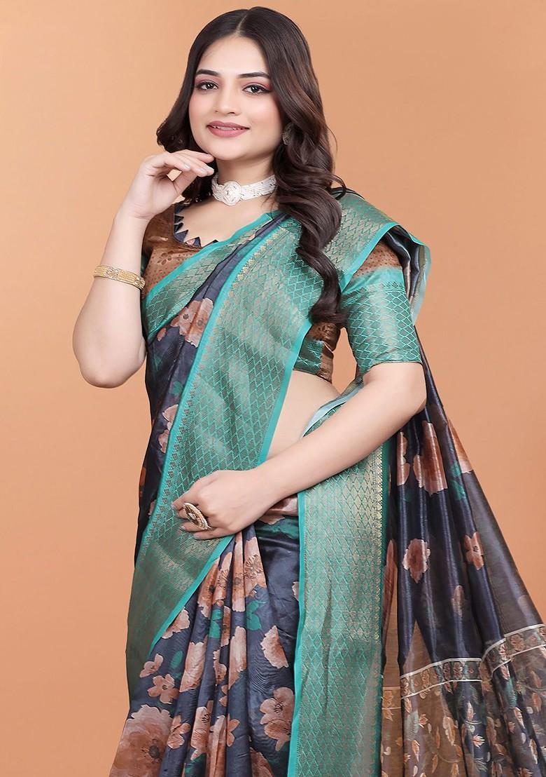 Blue Printed Blended Saree Set