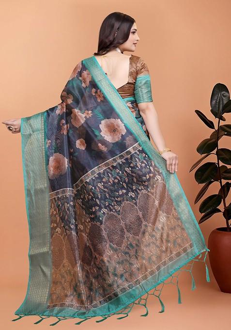 Blue Printed Blended Saree Set