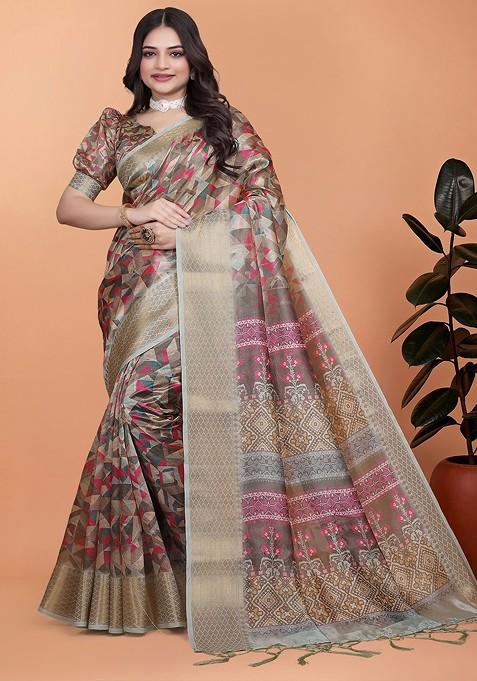 Brown Printed Blended Saree Set — view on Indya