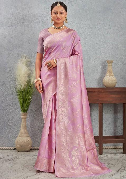 Pink Embroidered Blended Saree Set