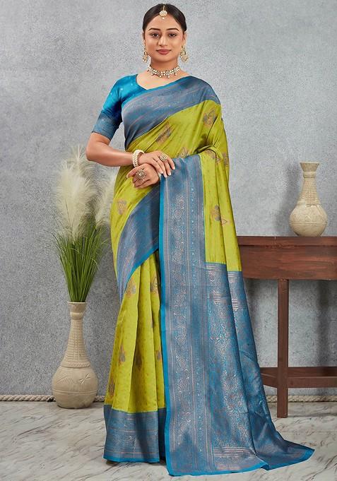 Yellow Embroidered Blended Saree Set