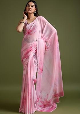 Pink Printed Blended Saree Set