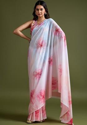 White Printed Blended Saree Set