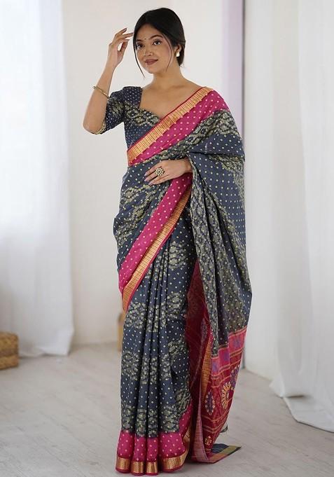 Charcoal Embroidered Blended Saree Set — view on Indya