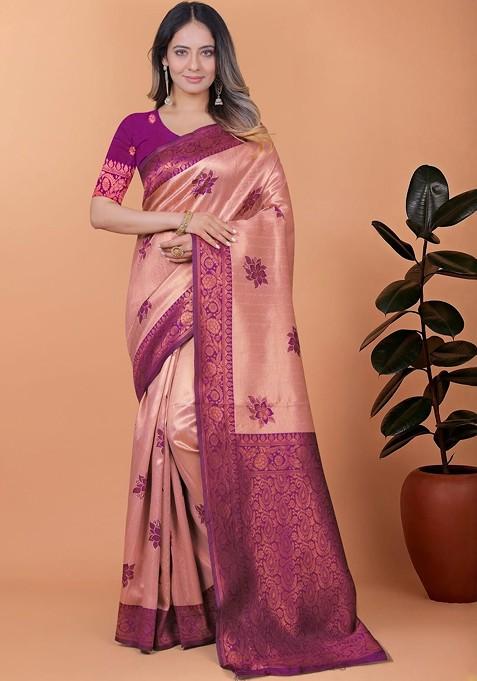 Peach Embroidered Blended Saree Set