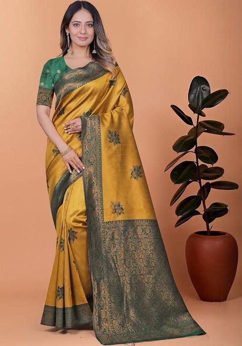 Yellow Jacquard Blended Saree Set — view on Indya