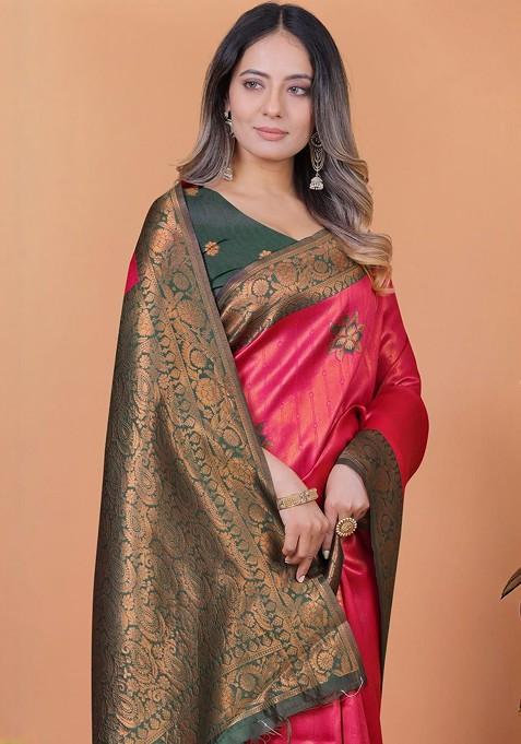 Red Jacquard Blended Saree Set