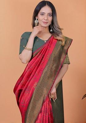 Red Jacquard Blended Saree Set