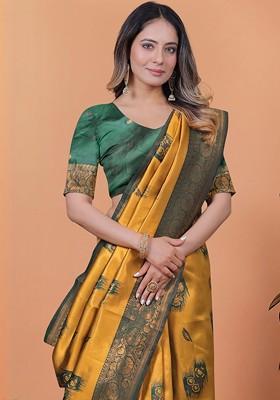 Yellow Jacquard Blended Saree Set