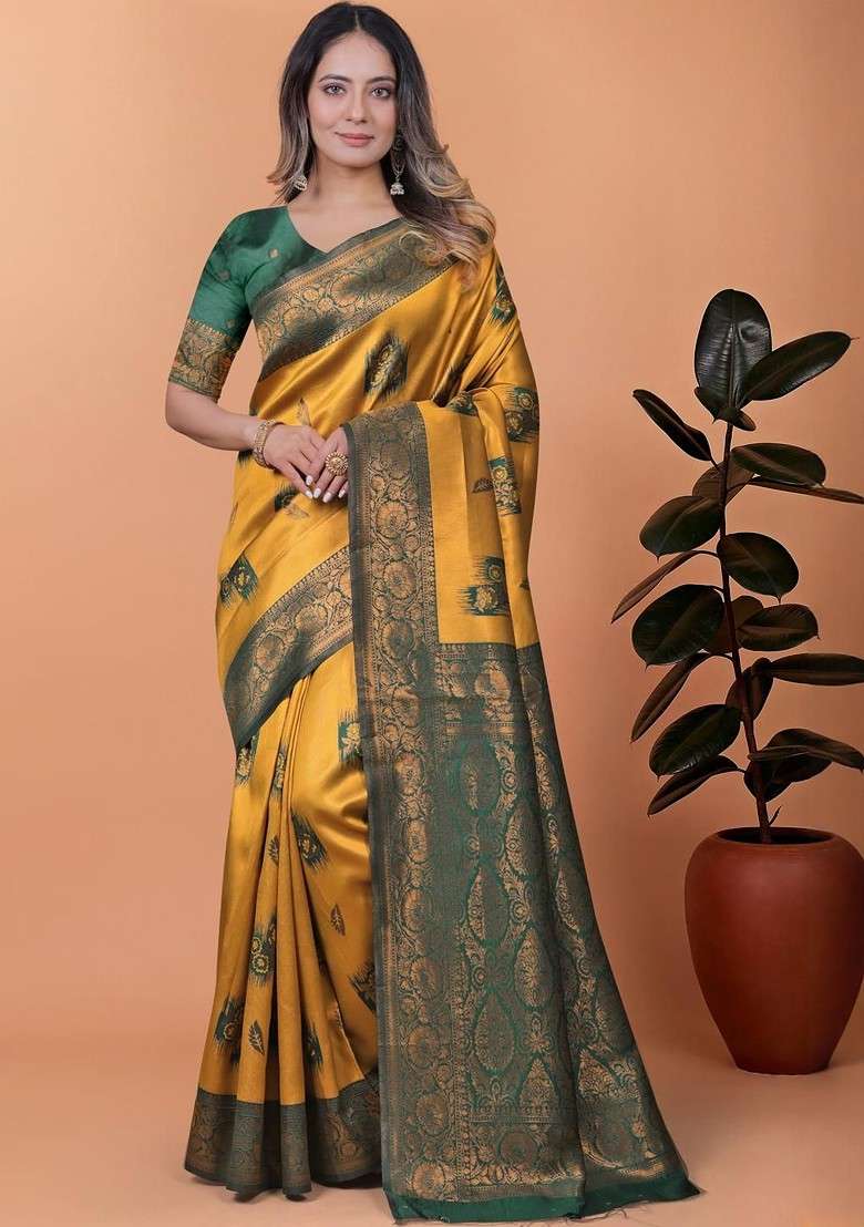 Yellow Jacquard Blended Saree Set - Indya