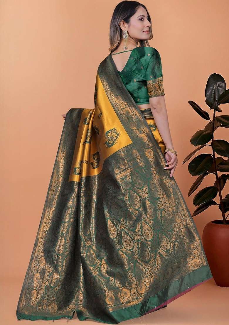 Yellow Jacquard Blended Saree Set - Indya