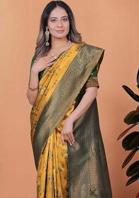 Yellow Jacquard Blended Saree Set