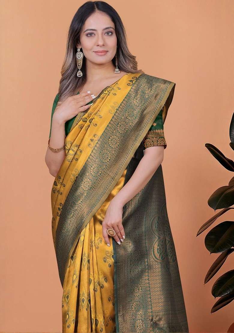 Yellow Jacquard Blended Saree Set - Indya