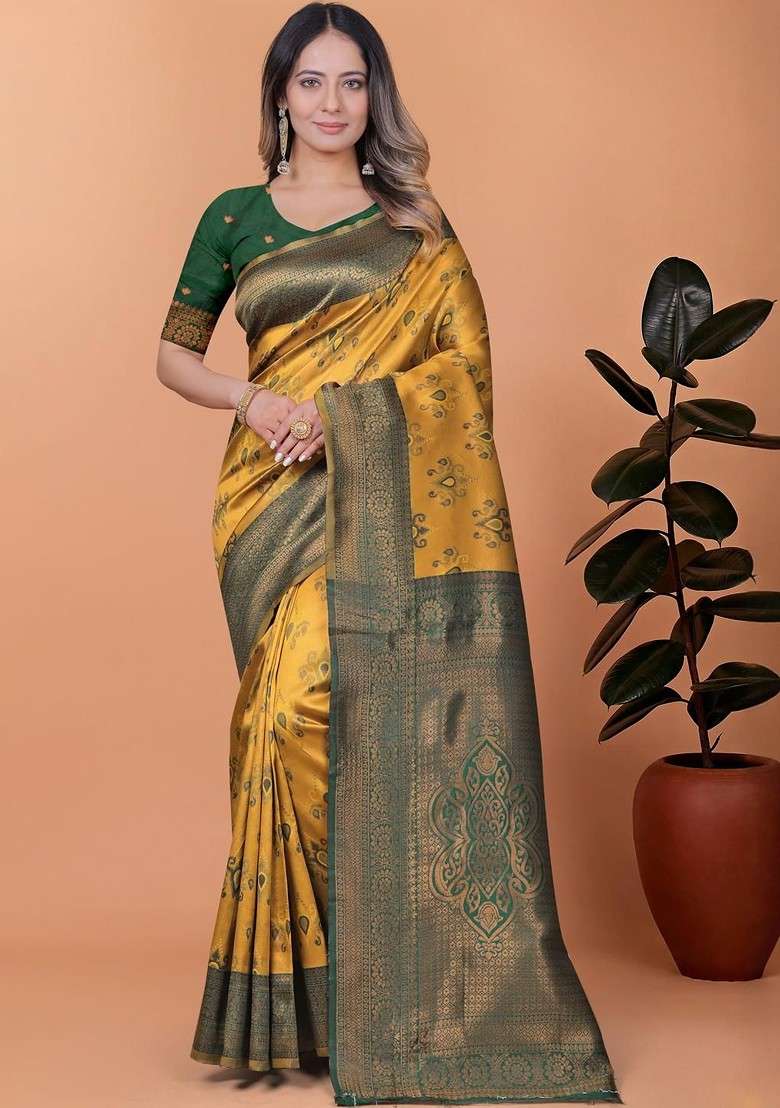 Yellow Jacquard Blended Saree Set - Indya