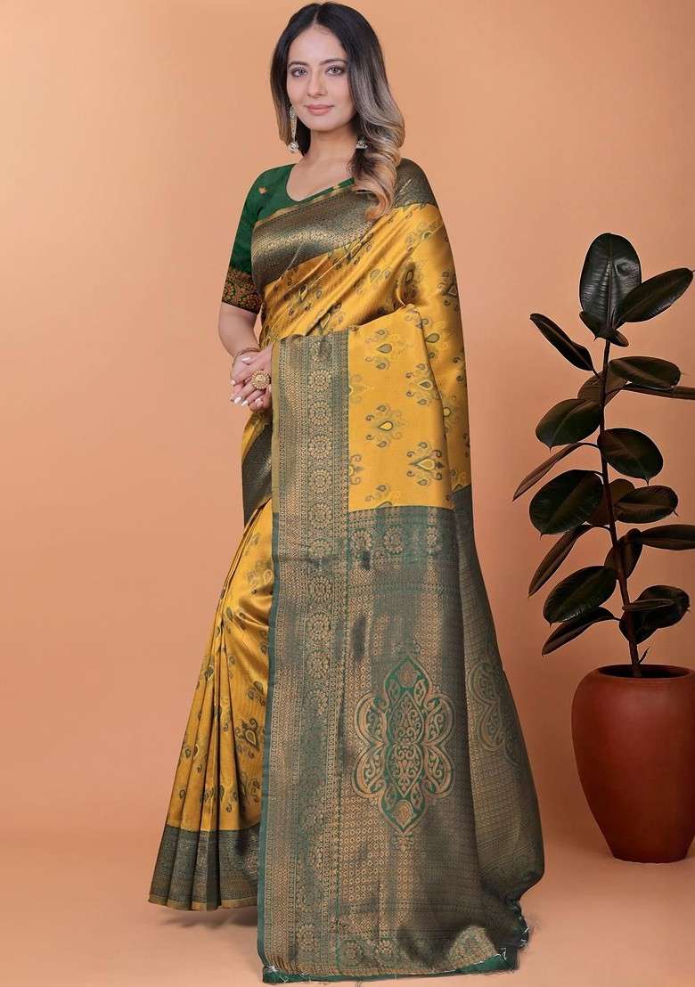 Yellow Jacquard Blended Saree Set - Indya