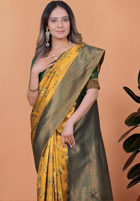 Yellow Jacquard Blended Saree Set — view on Indya