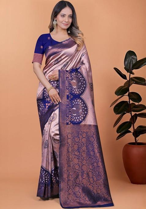 Blue Jacquard Blended Saree Set — view on Indya