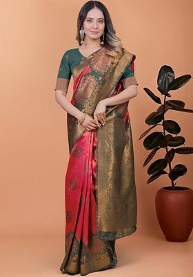 Red Jacquard Blended Saree Set