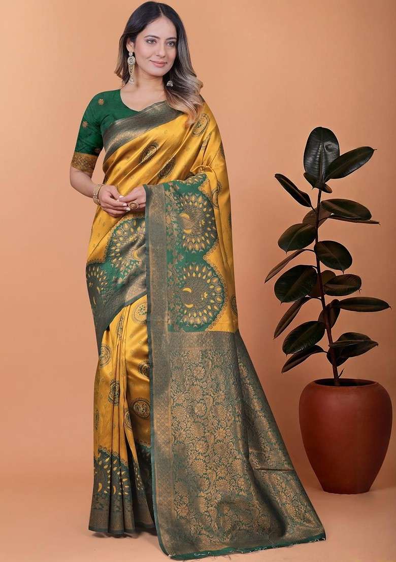 Yellow Jacquard Blended Saree Set - Indya