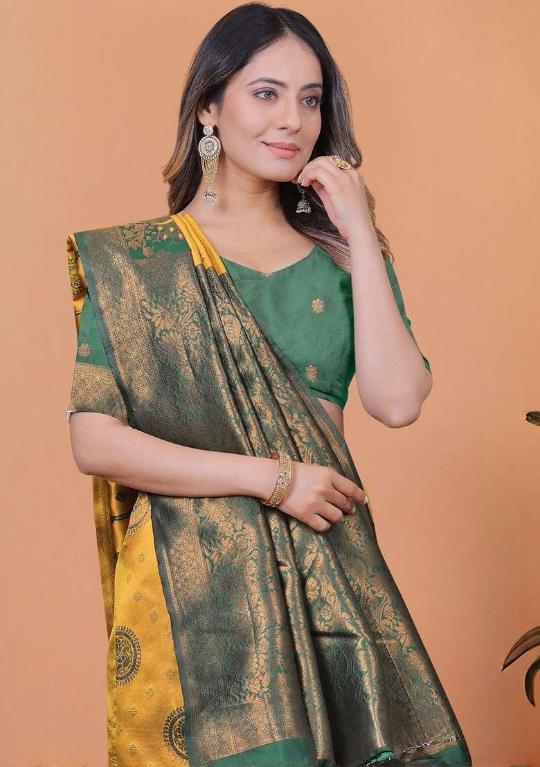 Yellow Jacquard Blended Saree Set - Indya