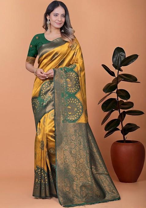 Yellow Jacquard Blended Saree Set — view on Indya