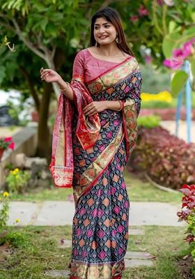 Black Embroidered Blended Saree Set