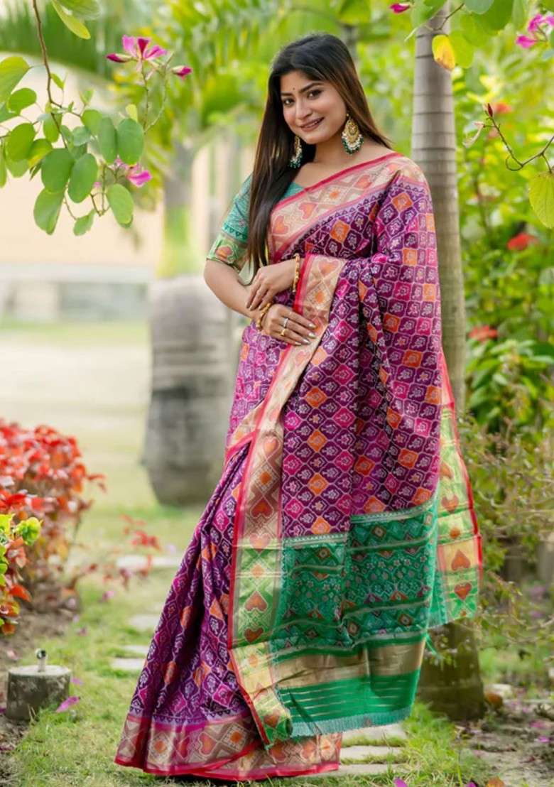 Purple Embroidered Blended Saree Set - Indya