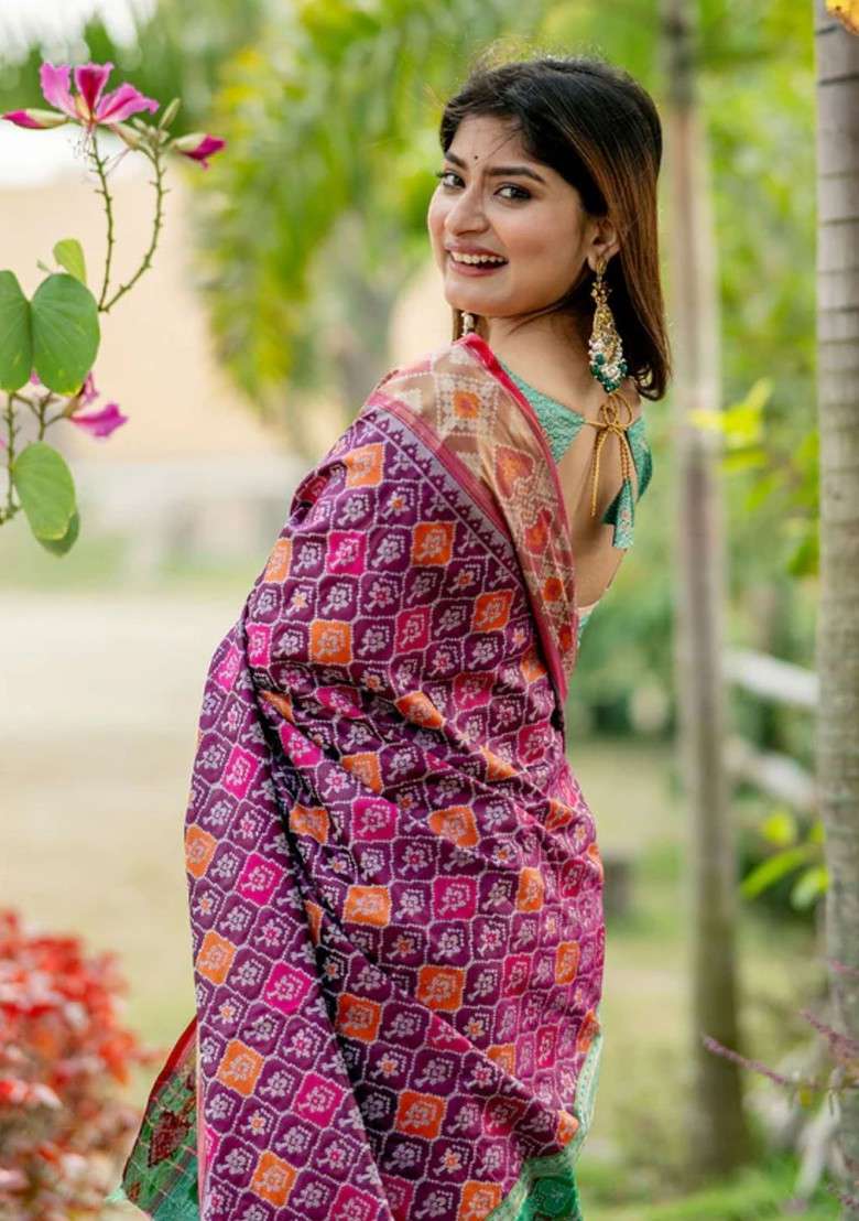 Purple Embroidered Blended Saree Set - Indya