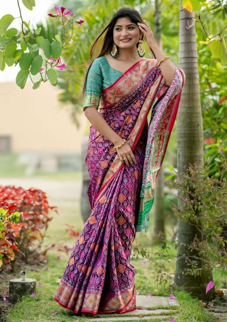 Purple Embroidered Blended Saree Set - Indya