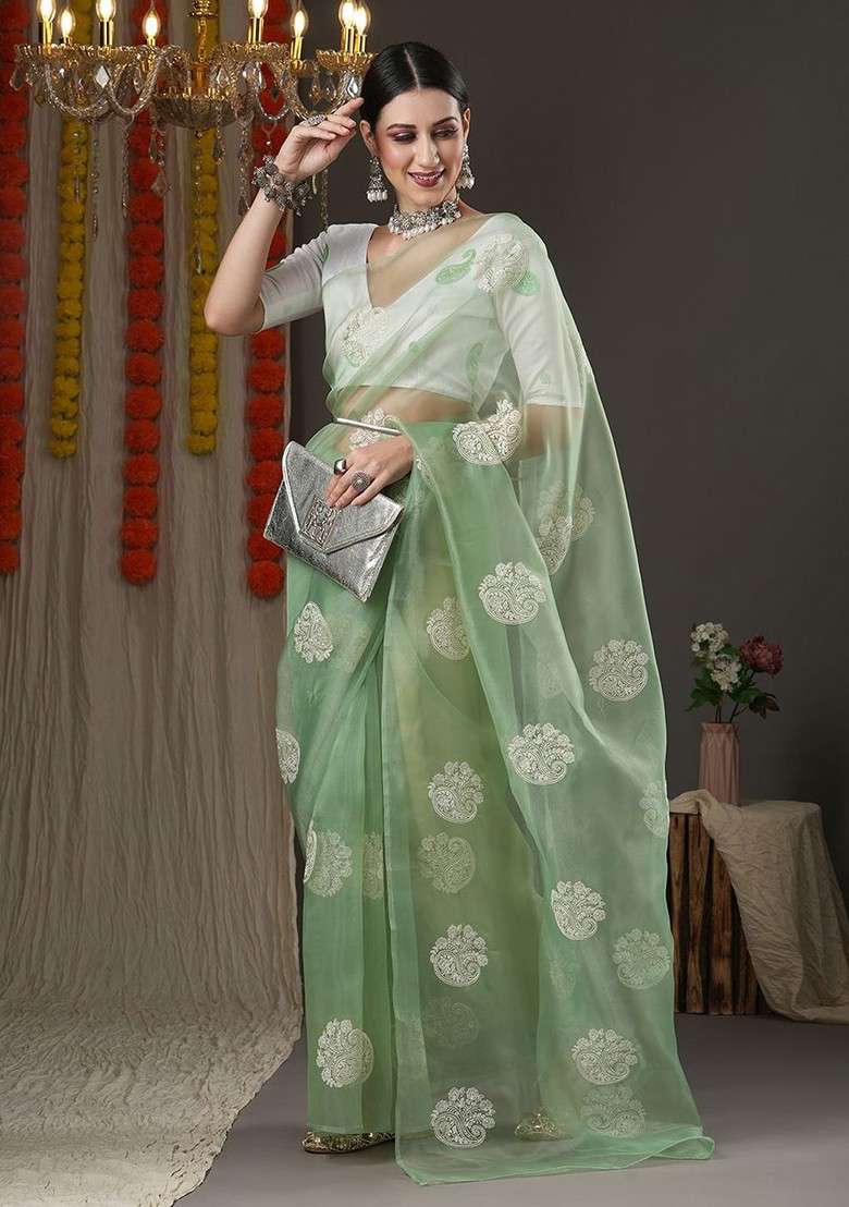 Olive Blended Saree Set with Embroidered for Diwali | Wedding & Festive Wear - Indya