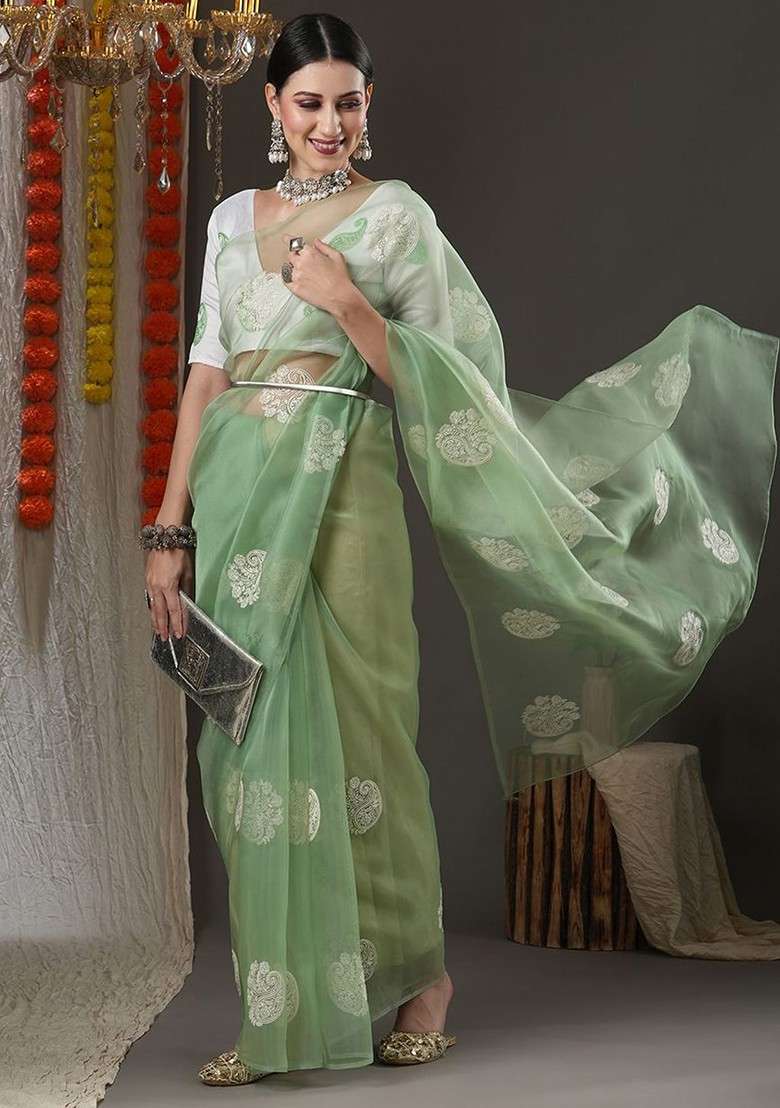 Olive Blended Saree Set with Embroidered for Diwali | Wedding & Festive Wear - Indya