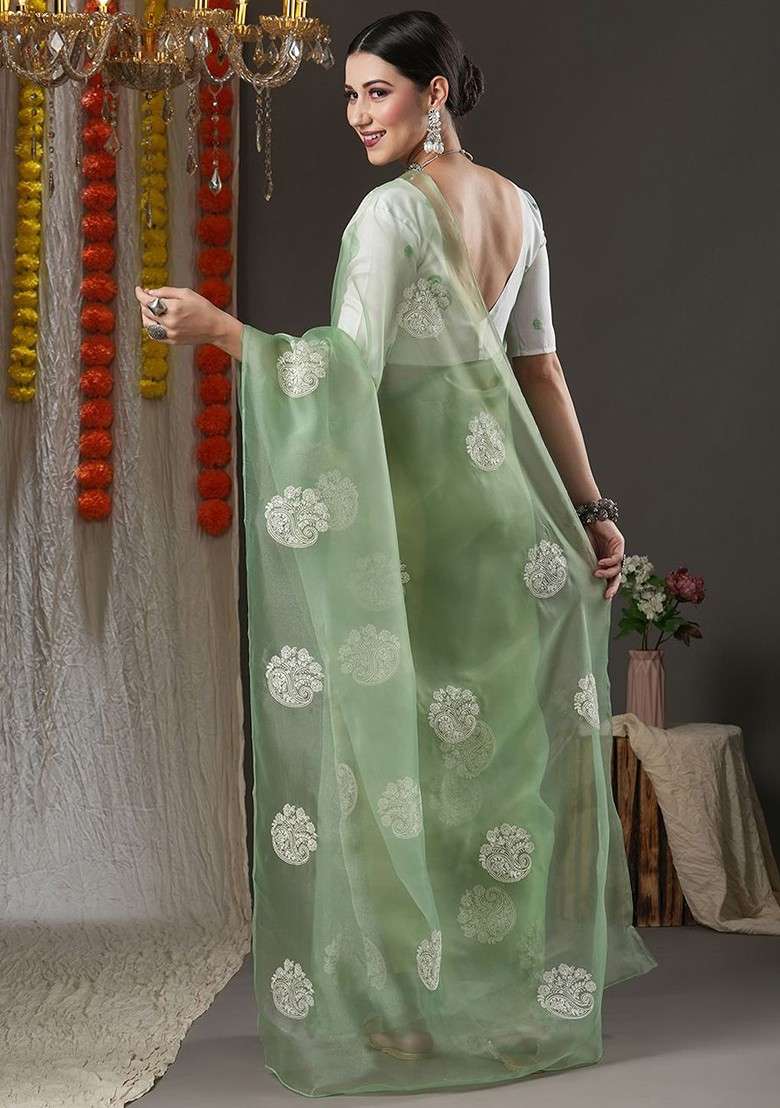 Olive Blended Saree Set with Embroidered for Diwali | Wedding & Festive Wear - Indya