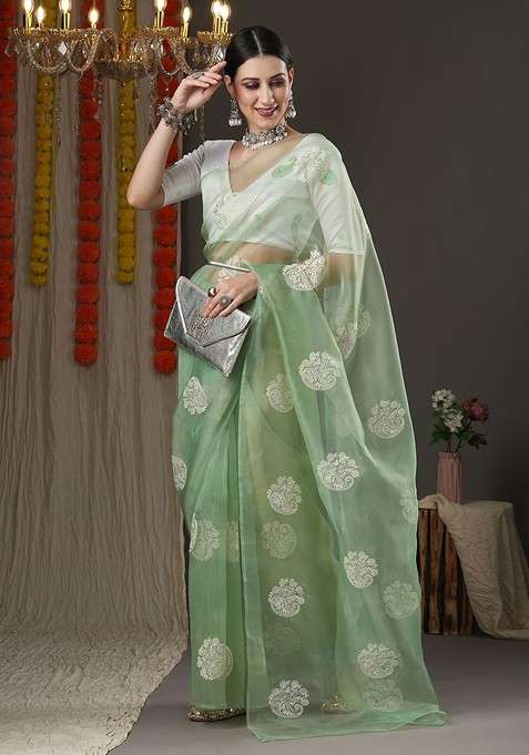 Olive Blended Saree Set with Embroidered for Diwali | Wedding & Festive Wear