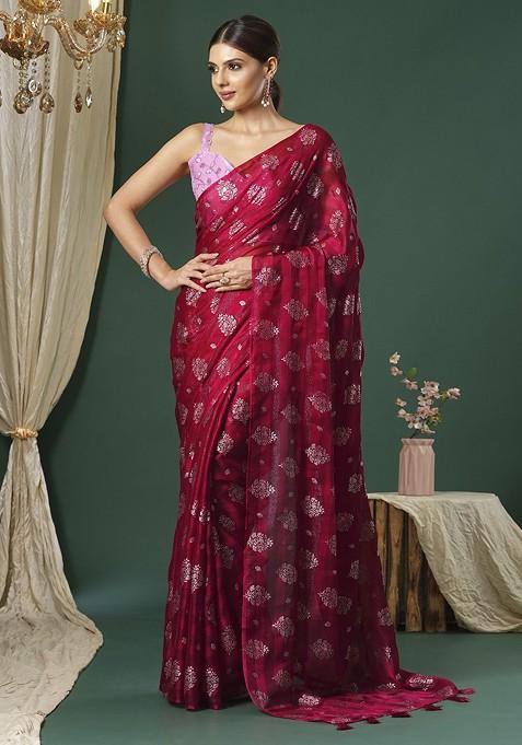 Pink Printed Blended Saree Set