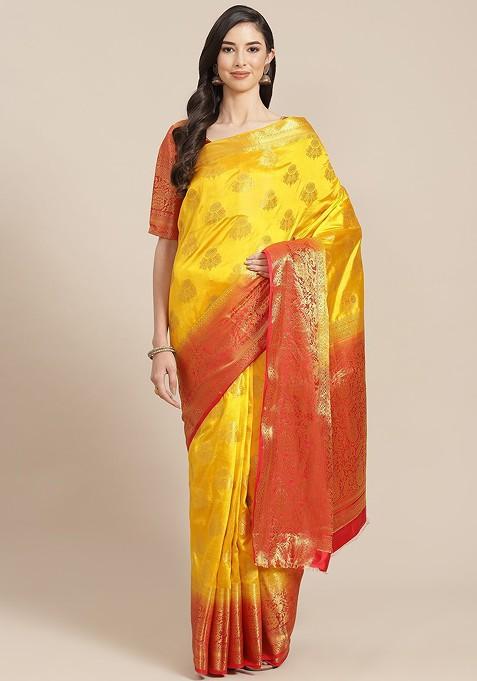 Yellow Jacquard Blended Saree Set — view on Indya