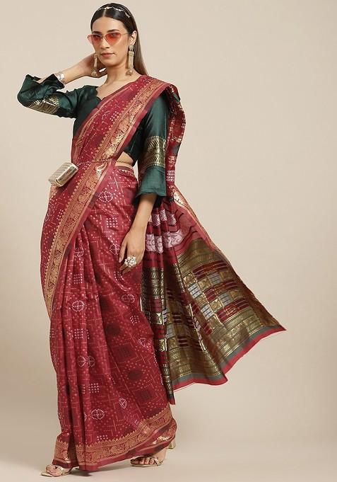 Maroon Jacquard Blended Saree Set — view on Indya