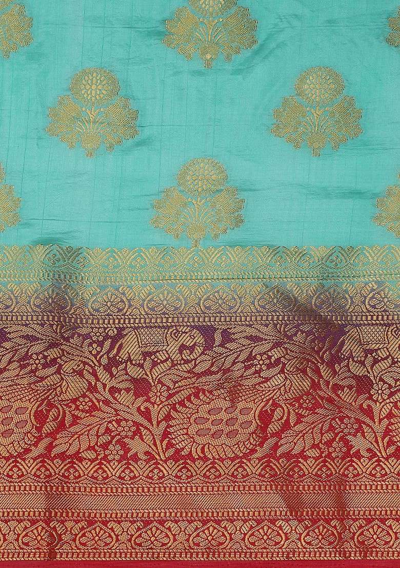 Turquoise Blue Embroidered Blended Saree Set for Diwali and Festive Wear - Indya