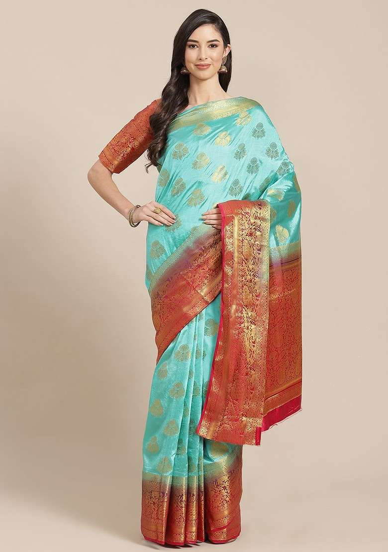 Turquoise Blue Embroidered Blended Saree Set for Diwali and Festive Wear - Indya