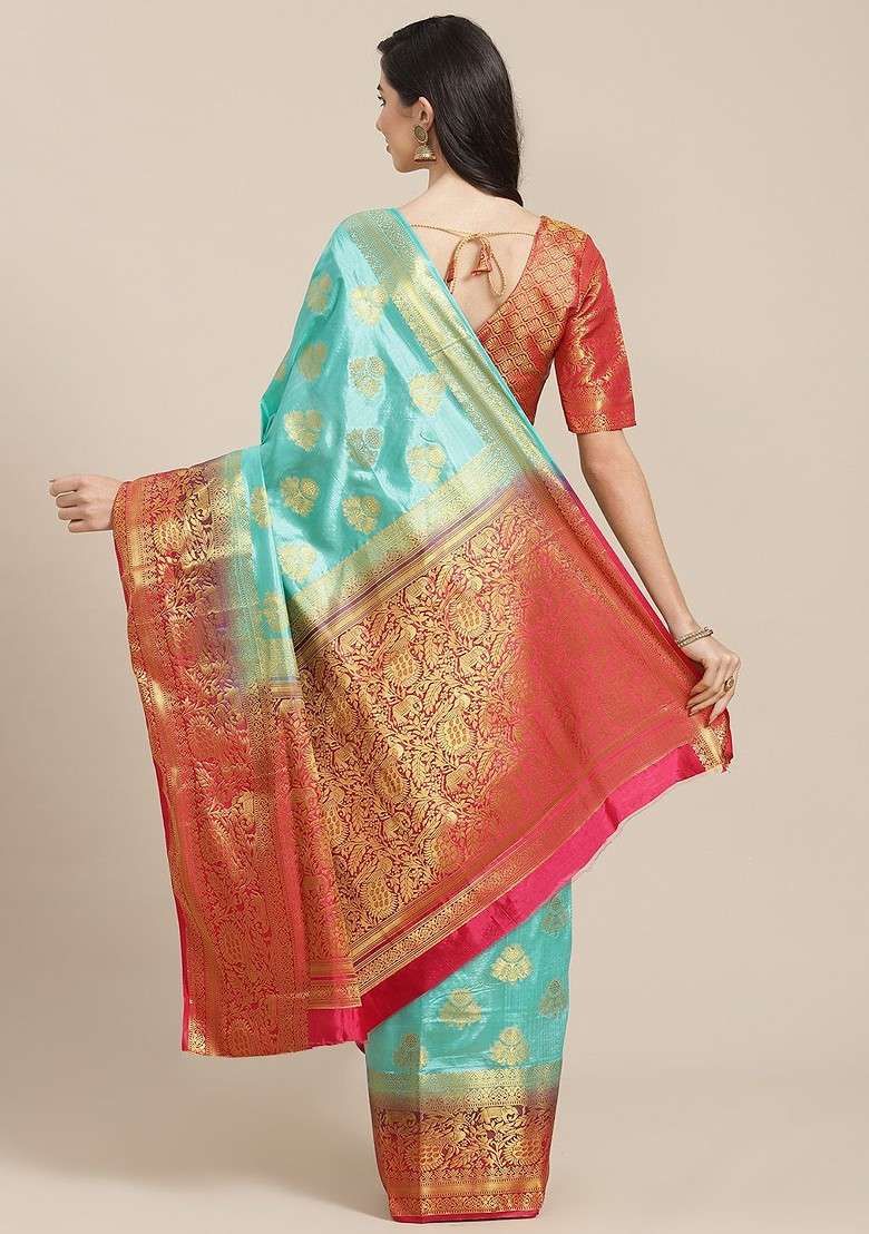 Turquoise Blue Embroidered Blended Saree Set for Diwali and Festive Wear - Indya