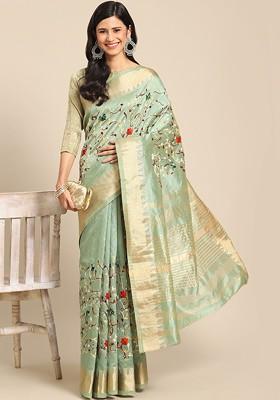 Green Embroidered Blended Saree Set
