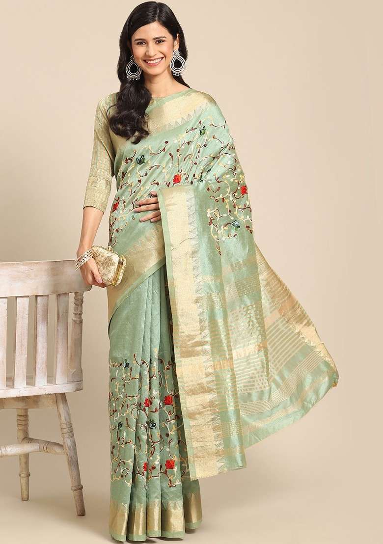 Green Embroidered Blended Saree Set - Indya