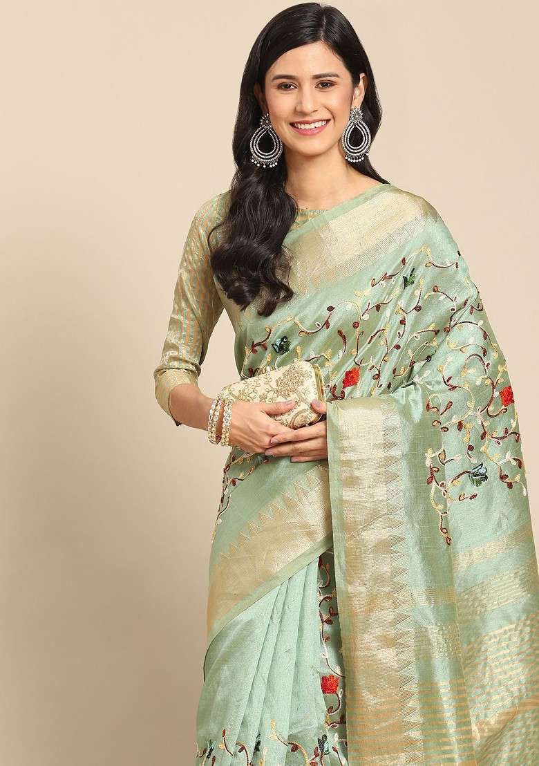 Green Embroidered Blended Saree Set - Indya